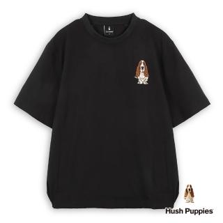 【Hush Puppies】男裝 上衣 素色運動風刺繡狗寬鬆版上衣(黑色 / 53110201)