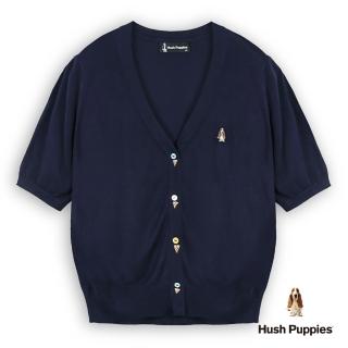 【Hush Puppies】女裝 線衫 Q版造型鈕扣刺繡小狗五分袖線衫(丈青 / 53213105)