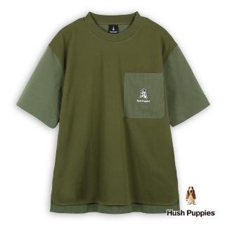 【Hush Puppies】男裝 上衣 簡約異材質拼接漁夫帽狗上衣(墨綠 / 53110202)