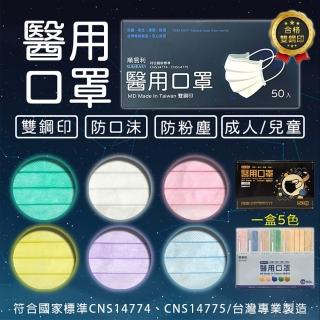 【順易利】成人平面醫療口罩未滅菌-50片/盒(藍/白/紫/綠/黃/粉/綜合5色)