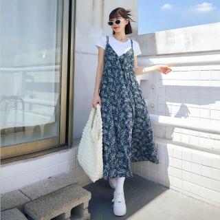 【OB 嚴選】印花雪紡雙肩帶拼接傘襬洋裝 《DA10122》