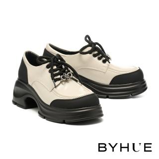 【BYHUE】簡約紳士異材質綁帶軟芯厚底鞋(米白)