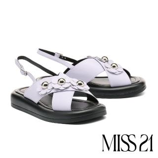 【MISS 21】可愛純色三層花花交叉寬頻厚底涼鞋(紫)