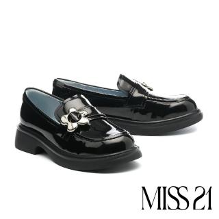 【MISS 21】可愛復古花花牛漆皮樂福厚底鞋(黑)