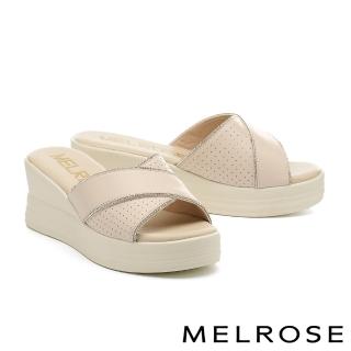 【MELROSE】美樂斯 率性時尚晶鑽交叉寬頻羊皮厚底拖鞋(米白)