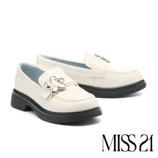 【MISS 21】可愛復古花花牛漆皮樂福厚底鞋(米白)