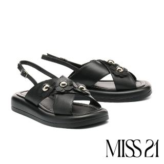 【MISS 21】可愛純色三層花花交叉寬頻厚底涼鞋(黑)