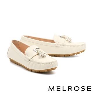 【MELROSE】美樂斯 復古百搭純色流蘇全真皮樂福平底鞋(米白)