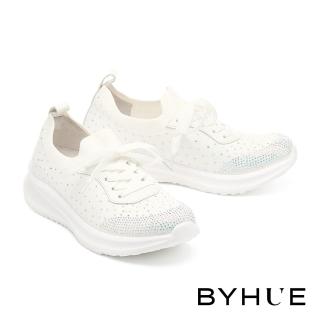 【BYHUE】率性時尚晶鑽飛織綁帶軟芯厚底休閒鞋(白)