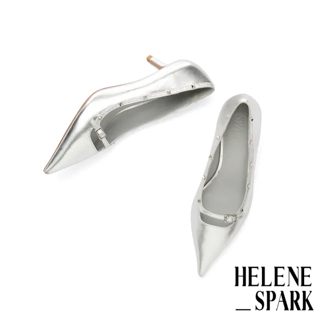 【HELENE_SPARK】前衛摩登方鉚釘皺金屬羊皮尖頭高跟鞋(銀)
