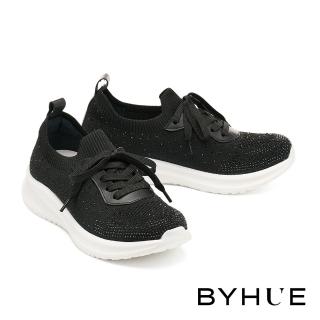 【BYHUE】率性時尚晶鑽飛織綁帶軟芯厚底休閒鞋(黑)