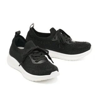 【BYHUE】率性時尚晶鑽飛織綁帶軟芯厚底休閒鞋(黑)