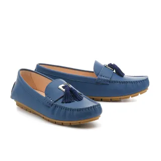 【MELROSE】美樂斯 復古百搭純色流蘇全真皮樂福平底鞋(藍)