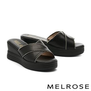 【MELROSE】美樂斯 率性時尚晶鑽交叉寬頻羊皮厚底拖鞋(黑)
