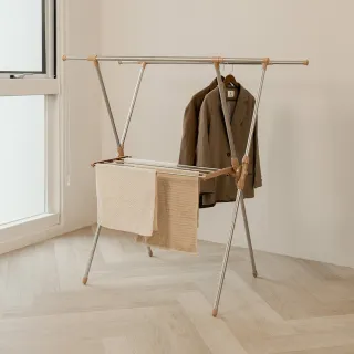 【ikloo 宜酷屋】不銹鋼X型多功能折疊曬衣架(奶茶色 伸縮曬衣架 被子收晾衣架 衣物收納架)