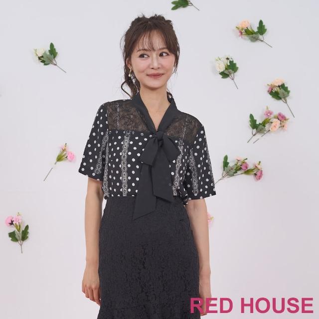 【RED HOUSE 蕾赫斯】蝴蝶結綁帶蕾絲點點拼接上衣(黑色)