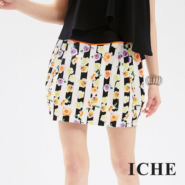 【ICHE 衣哲】玫瑰直條紋印花造型短裙