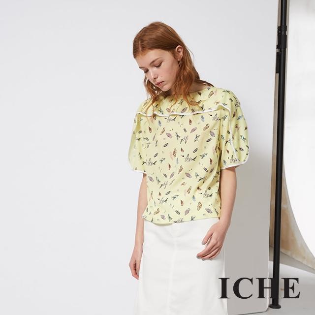 【ICHE 衣哲】嫩黃時尚印花設計拼接造型上衣