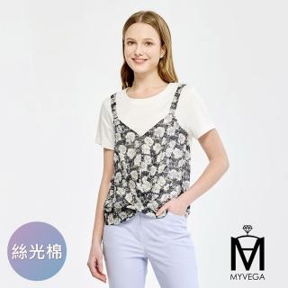 【MYVEGA 麥雪爾】MA絲光棉假兩件式印花下擺扭結上衣-黑