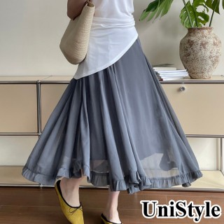 【UniStyle】大裙襬紗裙 韓版不規則拼接荷葉邊半身裙 女 WT2715(高階灰)