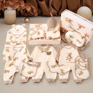 【Kori Deer 可莉鹿】彌月禮盒-泰迪熊新生兒連身衣配件大禮包26件四季款(蝴蝶衣嬰兒帽襪子圍兜手套包巾)