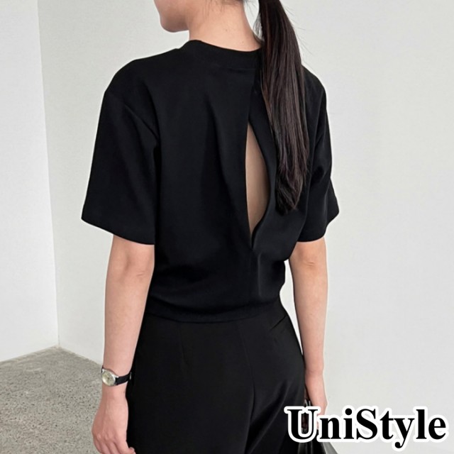 【UniStyle】露背短袖T恤 韓版收腰顯瘦後背鏤空上衣  女 UV2638(黑)