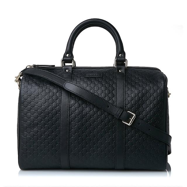 【GUCCI 古馳】449646 經典Guccissima系列小LOGO牛皮手提/斜背兩用波士頓包(黑色)