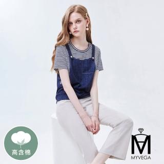 【MYVEGA 麥雪爾】MA高含棉彈力仿牛仔拼接條紋上衣-深藍(女上衣/涼感/牛仔/純棉)