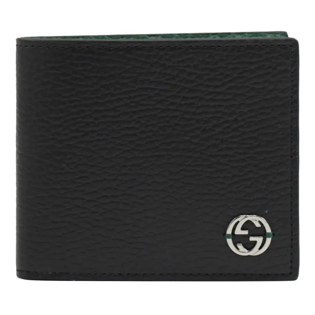 【GUCCI 古馳】簡約金屬雙G LOGO荔枝牛皮4卡零錢短夾(黑/綠)