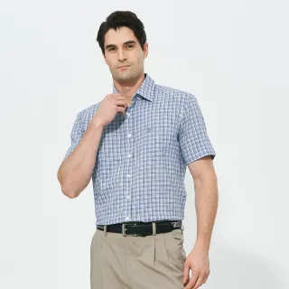 【pierre cardin 皮爾卡登】休閒服飾 男款 進口素材純棉細格紋休閒短袖襯衫-藍格(5257104-37)