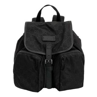 【GUCCI 古馳】510343 經典GG印花LOGO尼龍牛皮飾邊雙肩後揹包(黑色)