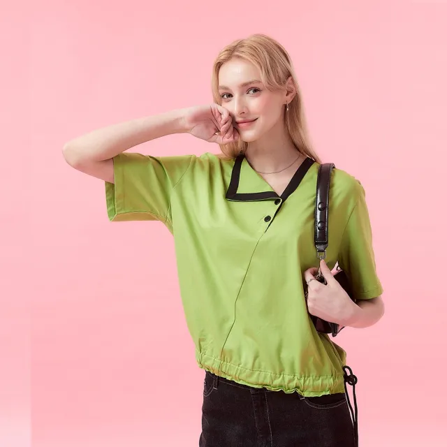 【ICHE 衣哲】Cop.Copine法式撞色滾邊拼接鬆緊抽繩翻領五分袖造型上衣