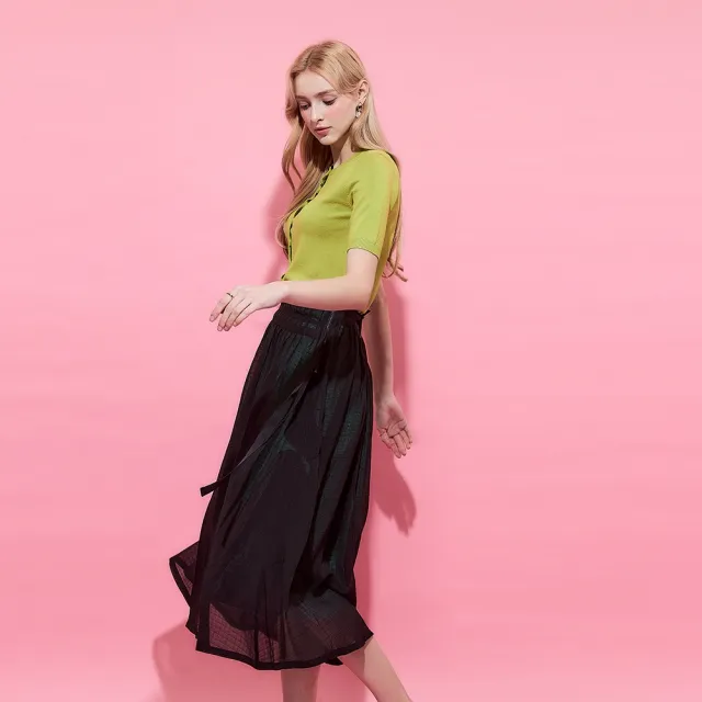 【ICHE 衣哲】Cop.Copine法式輕時尚紡紗層次拼接透視感雕花造型半長裙