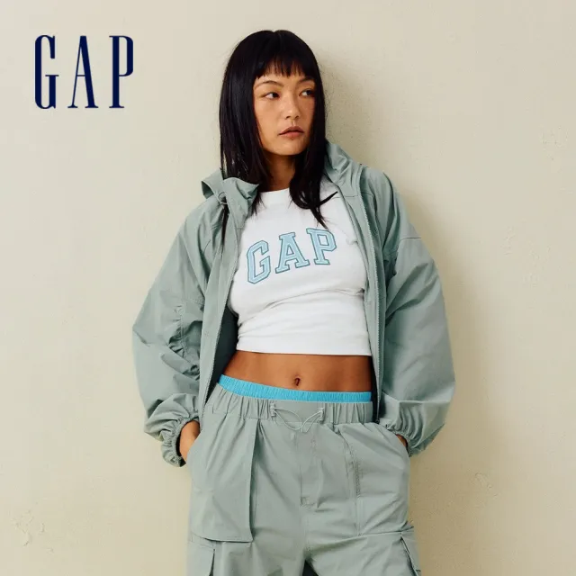 【GAP】女裝 Logo刺繡立領連帽外套-淺綠色(766122)