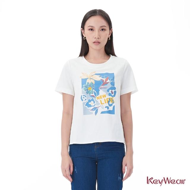 【KeyWear 奇威名品】親膚舒適花卉圖騰短袖上衣(共3色)