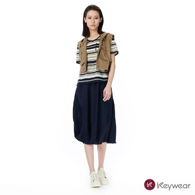 【KeyWear 奇威名品】拼接圓弧下擺寬鬆休閒中長裙