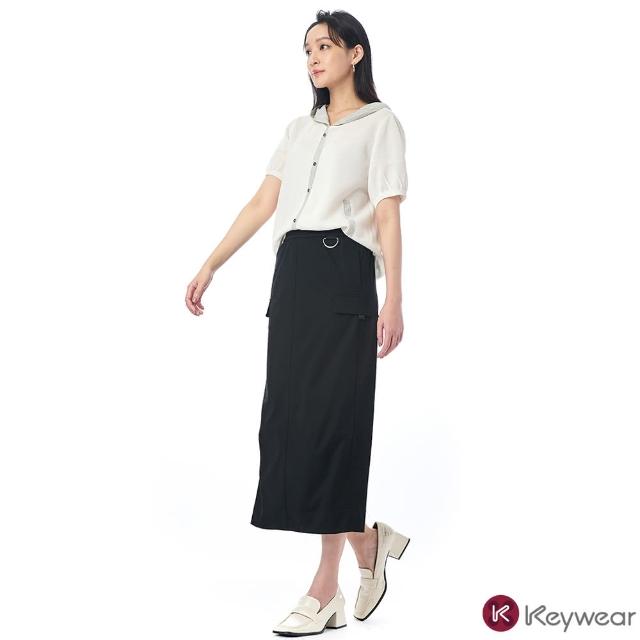 【KeyWear 奇威名品】黑色兩側假口袋分割中長裙