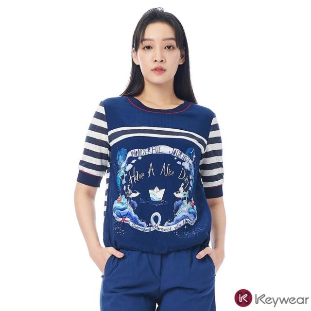 【KeyWear 奇威名品】印花拼接條紋圓領上衣