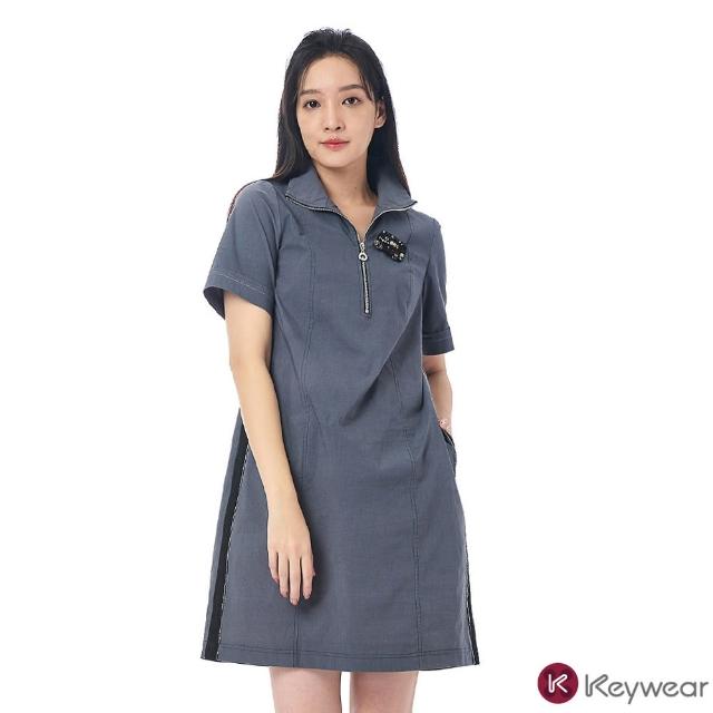 【KeyWear 奇威名品】立領彈性麻料短袖洋裝