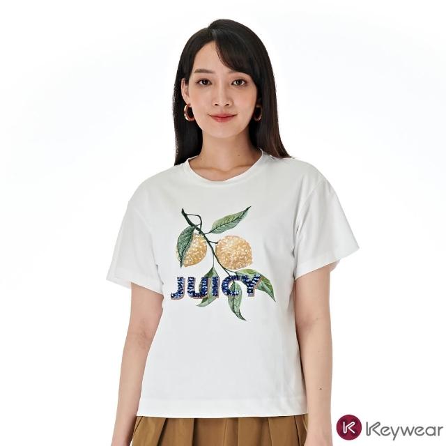 【KeyWear 奇威名品】檸檬刺繡圖案圓領短袖上衣(共2色)