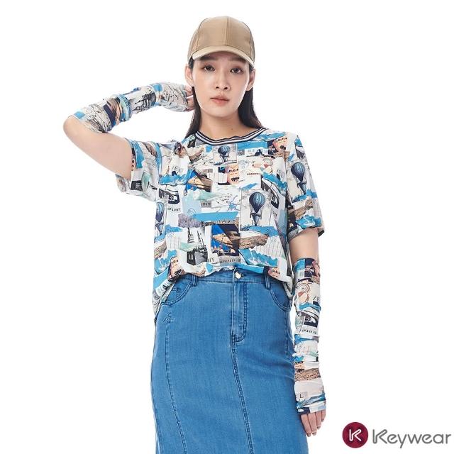 【KeyWear 奇威名品】海報印花圓領短袖上衣