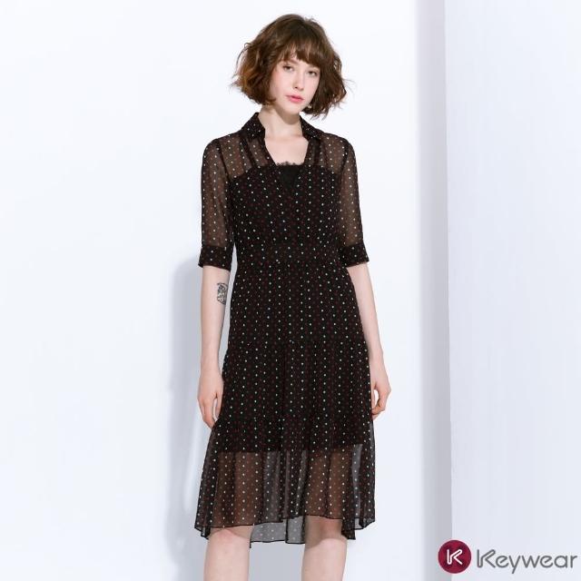 【KeyWear 奇威名品】黑底透膚紅白圓點V領洋裝