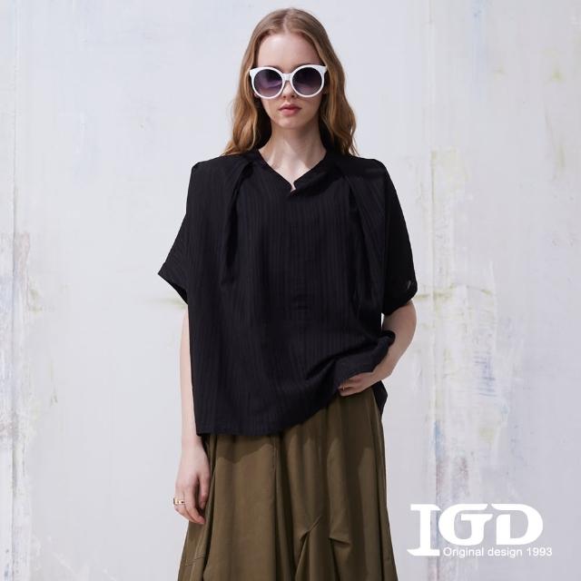 【IGD 英格麗】網路獨賣款-細條紋翻領連袖打褶造型上衣(黑色)