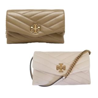【TORY BURCH】TORY BURCH Kira Chevron 金釦 羊皮絎縫鍊帶皮革皮夾 斜揹包 沙色/米白色