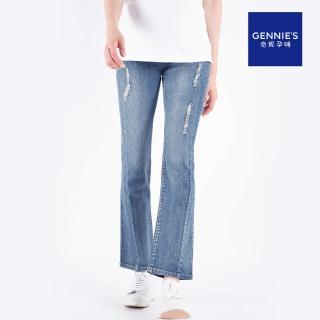 【Gennies 奇妮】個性刷白牛仔褲-藍(孕婦褲 長褲 刷破 後雙口袋 一體成型 無痕褲頭)