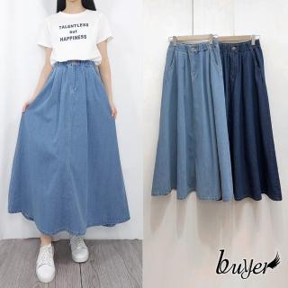 【buyer 白鵝】寬鬆 腰木釦 口袋 牛仔 長裙 牛仔裙(淺藍/深藍)