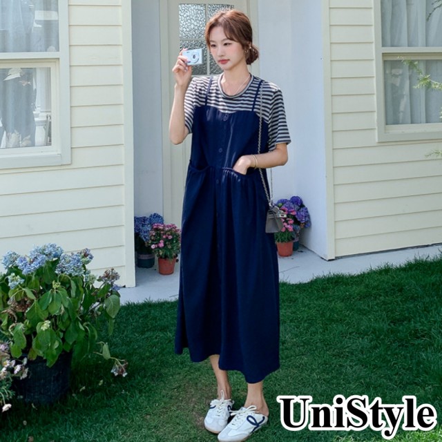 【UniStyle】假兩件洋裝 韓系條紋吊帶T恤裙連身裙 女  ZMD043-7705(藍)
