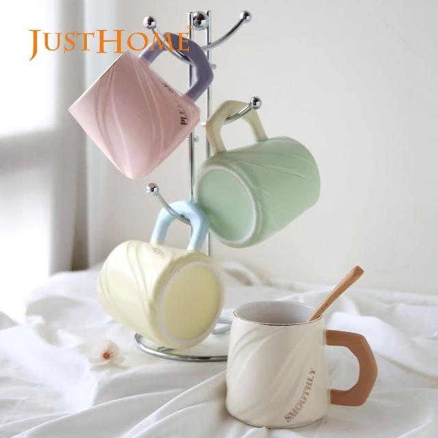 【Just Home】粉嫩樂園陶瓷馬克杯-4入組附收納架(400ml 杯 水杯 拿鐵杯 咖啡杯 茶杯 杯子)
