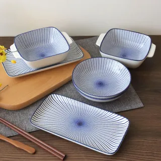 【Just Home】日式藍色線條草陶瓷餐盤8件組(可微波 盤 湯盤 點心碗 長盤 碗盤)