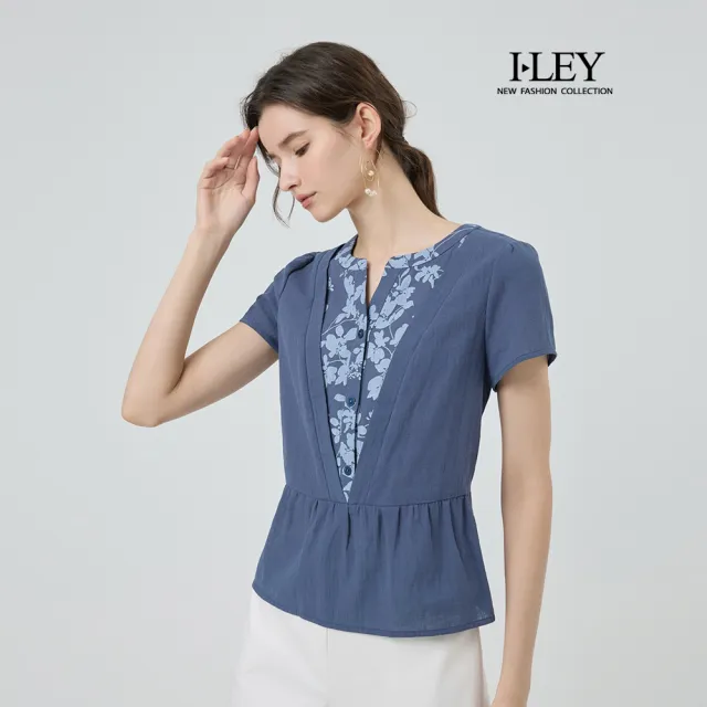 【ILEY 伊蕾】層次印花拼接純棉上衣(深藍;M-XL;1252071029)